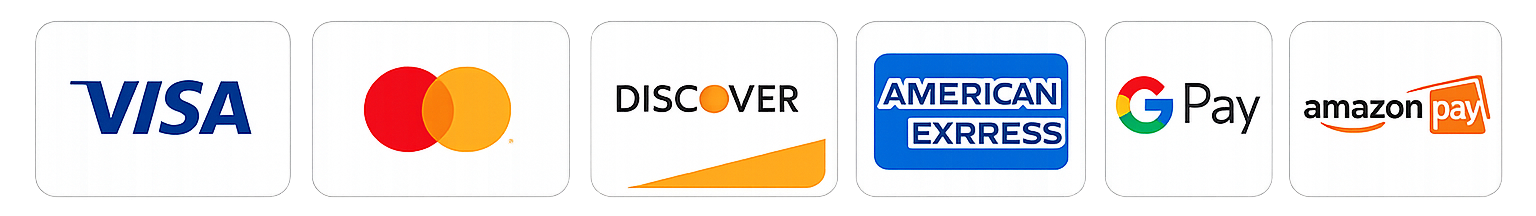 Visa, Mastercard, Discover, American Express, Google Pay, and Amazon Pay accepted